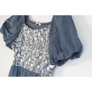 Hippington Tupelo Dress Women Large Blue Floral Embroidered Puff Sleeve Smocked